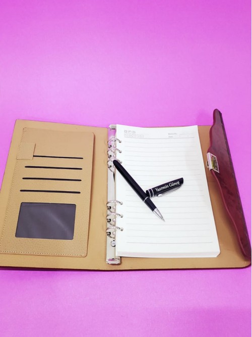Kişiye Özel Büyük Boy  Ahşap Kapaklı Organizer Defter Ve Kalem Set