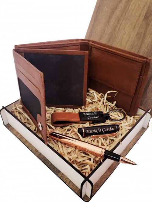Kişiye Özel Hakiki Deri Cüzdan Kalem Anahtarlık Set