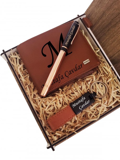 Kişiye Özel Hakiki Deri Cüzdan Kalem Anahtarlık Set