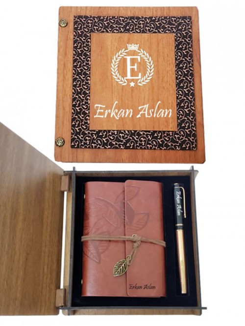 Erkeğe Özel Kahverengi Deri Hatıra Defteri Ve Kalem Seti Ahşap Kutulu