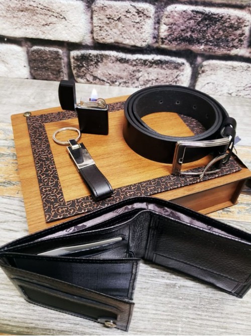 Kişiye Özel Deri Cüzdanlı Çakmaklı Kemerli Anahtarlıklı Set Siyah