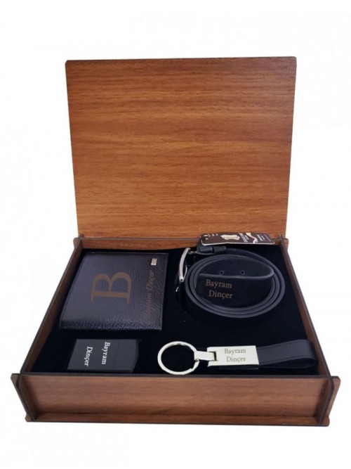 Kişiye Özel Deri Cüzdanlı Çakmaklı Kemerli Anahtarlıklı Set Siyah