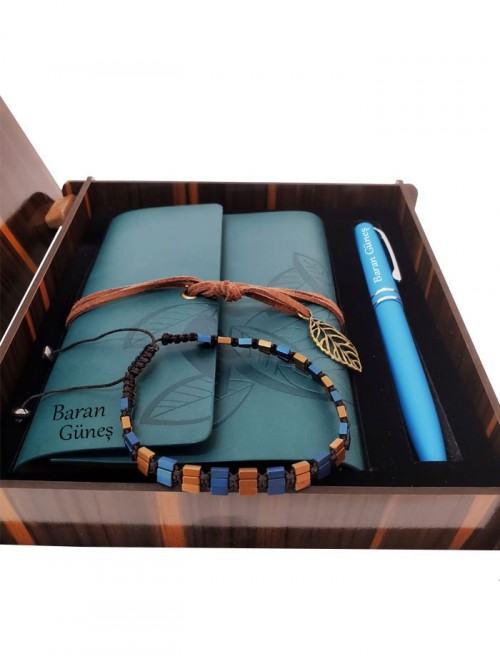 Kişiye Özel Deri Defter Hematit Doğaltaş Bileklik Ve Kalem Set