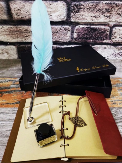 Kişiye özel Hokka Tüylü Divit Kalem Ve Deri Defter Seti