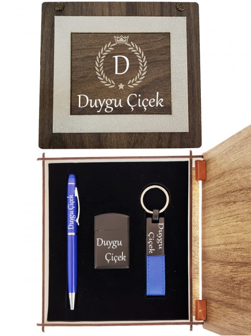 Bayana Kişiye Özel Dokunmatik Kalem Gazlı Çakmak Ve Mavi Anahtarlık