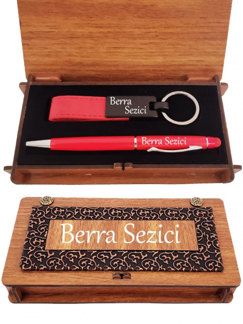 Bayana Kişiye Özel Kırmızı Renk Kalem Ve Deri Anahtarlık