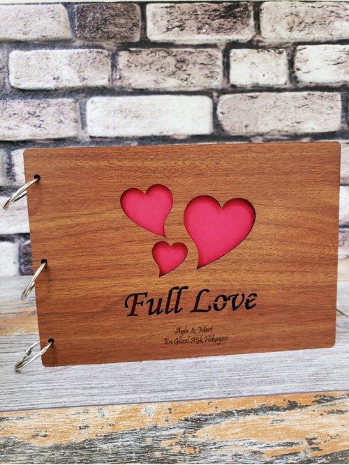 Kişiye Özel Full Love Yazılı Kalpli Ahşap Albüm