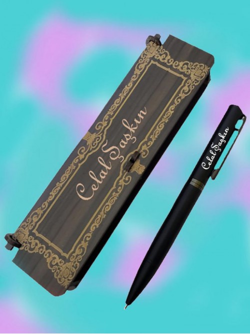 İsme Özel Mat Siyah Renk Roller Kalem Ahşap Kutulu