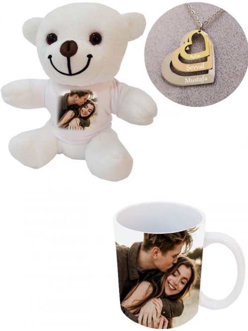 İsme Özel Üçlü İsimli Kalp Kolye Beyaz Ayıcık Ve Kupa Bardak Seti