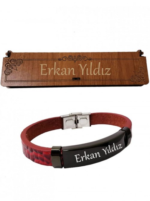 Kişiye Özel Bordo Bileklik Ahşap Kutulu