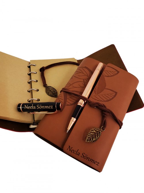 Kişiye Özel İsimli Deri Defter Ve Roller Kalem Set
