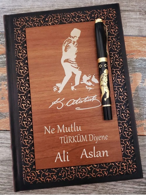 Kişiye Özel Kemal Atatürk İmzalı Kalem Ve Ahşap Deri Defter