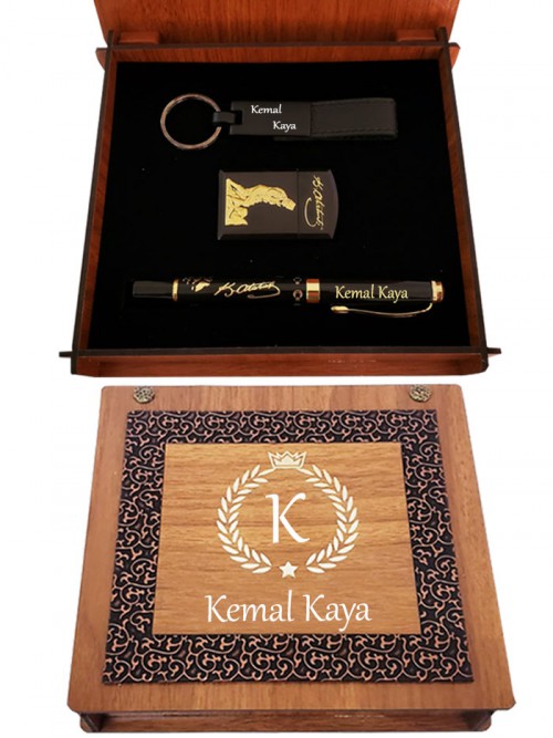 Kişiye Özel Kemal Atatürk Temalı Kalem Çakmak Anahtarlık Set Ahşap Kutulu