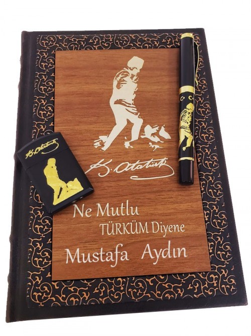Kişiye Özel M Kemal Atatürk Temalı Ahşap Defter Çakmak Ve Roller Kalem