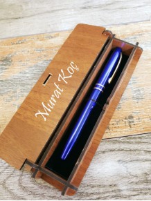 Kişiye Özel Metal Mavi Roller Kalem Ahşap Kutulu