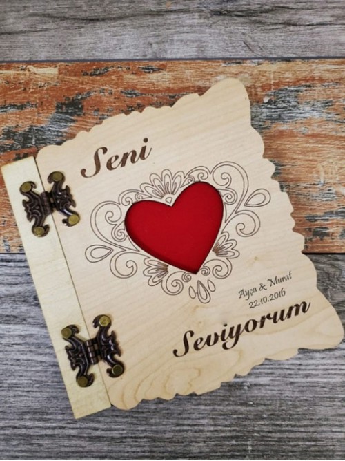 Kişiye Özel Seni Seviyorum Yazılı Ahşap Defter