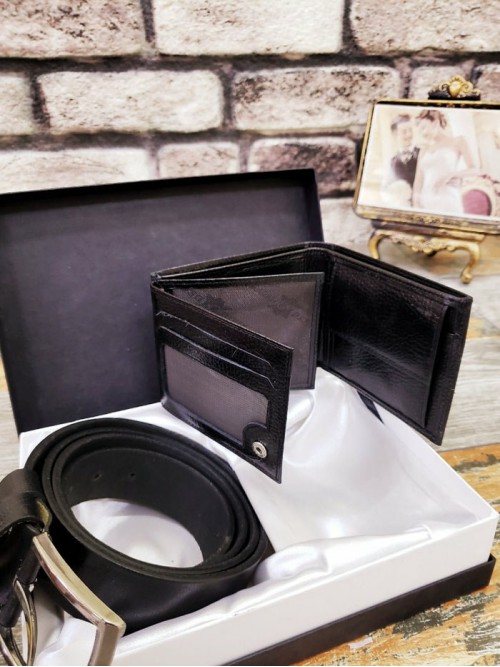 Kişiye Özel Siyah Damat Set Deri Cüzdan Kemer Set