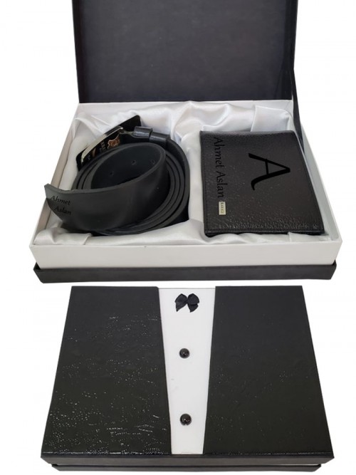 Kişiye Özel Siyah Damat Set Deri Cüzdan Kemer Set