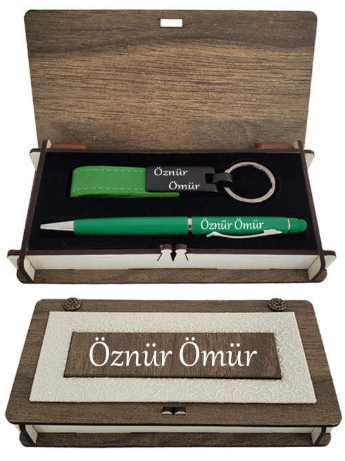 Kişiye Özel Yeşil Dokunmatik Kalem Ve Deri Anahtarlık Seti