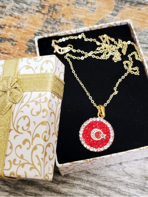 Türk Bayraklı Altın Kaplama Kristal Taşlı Kolye