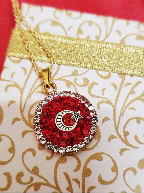 Türk Bayraklı Altın Kaplama Kristal Taşlı Kolye