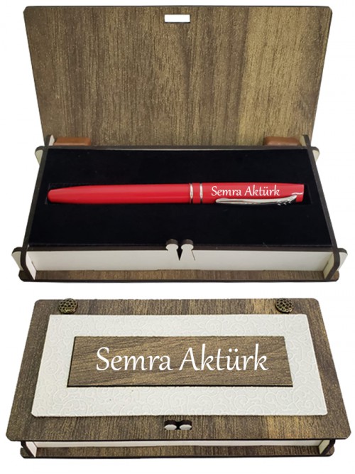 Bayana Kişiye Özel Kırmızı Roller Kalem Ahşap Kutulu