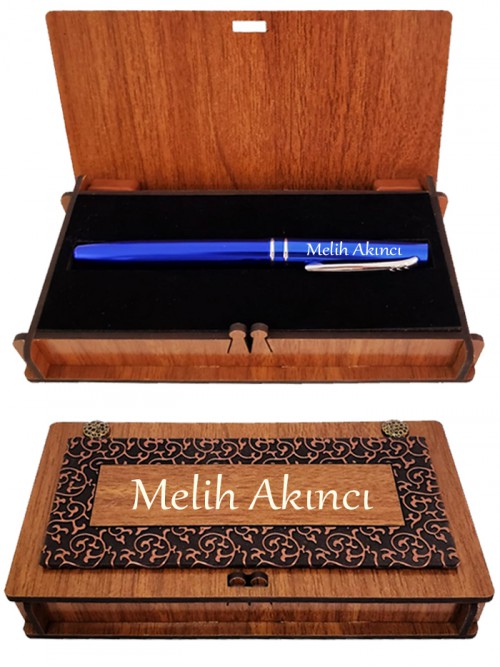 Erkeğe Hediye İsme Özel Lacivert Roller Kalem Derili Ahşap Kutulu