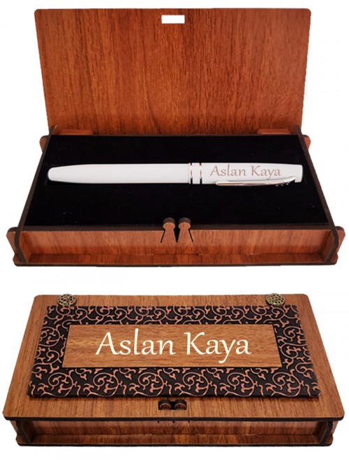 Erkeğe İsme Özel Beyaz Metal Roller Kalem Ahşap Kutulu