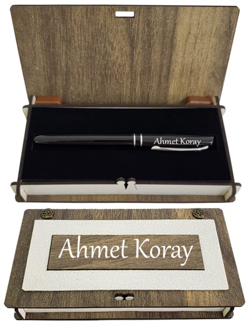 Erkeğe Kişiye Özel Siyah Roller Kalem Ahşap Kutulu