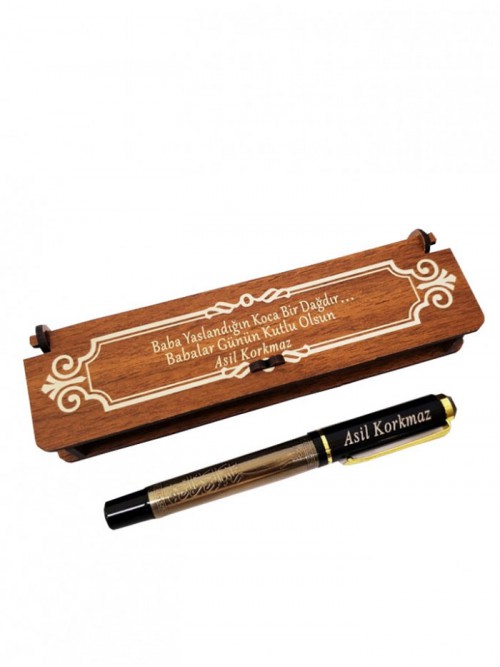 İsme Özel Besmele Kabartmalı Roller Tükenmez Kalem Ahşap Kutulu