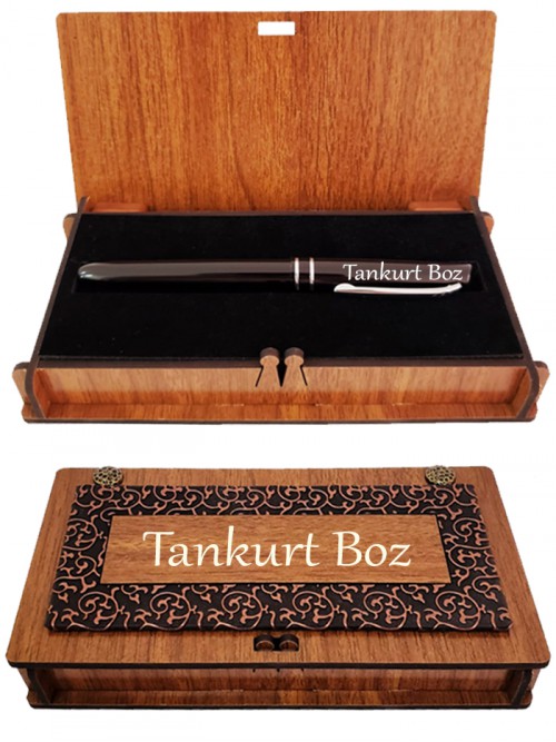 İsme Özel Siyah Roller Kalem Derili Ahşap Kutulu