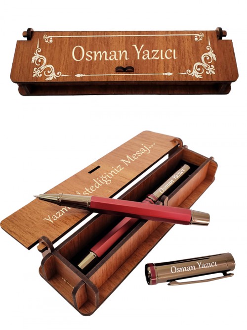 Kişiye Özel Elit Bordo Renk Roller Kalem Ahşap Kutulu