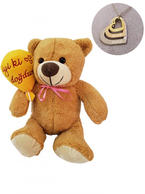 İsme Özel Üç Kalpli Kolye Ve İyi Ki Doğdun Balonlu Ayıcık Set