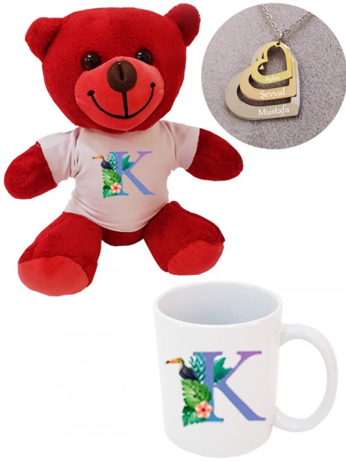 Romantik Kırmızı Peluş Ayı Kupa Ve Üçlü Kalp Kolye Seti